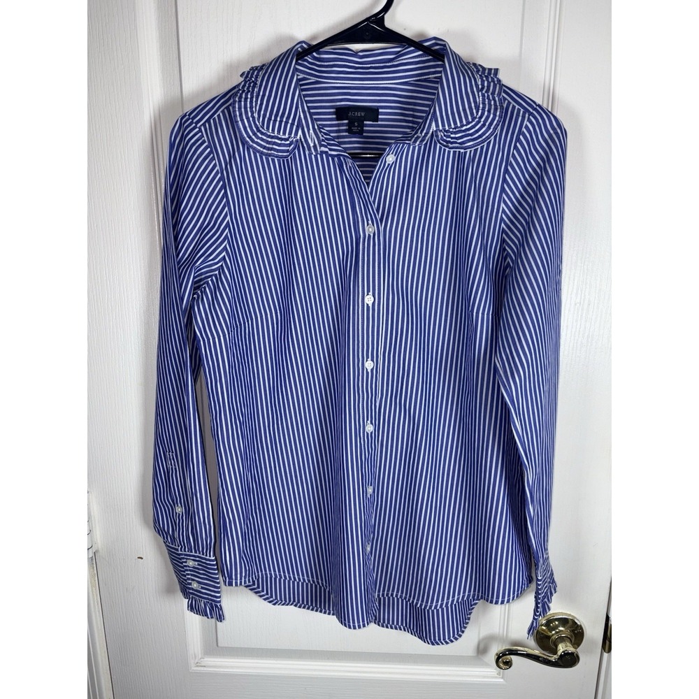 J.Crew Women's Small Button Up Shirt White Blue Stripe Ruffle Collar Cuffs 100%